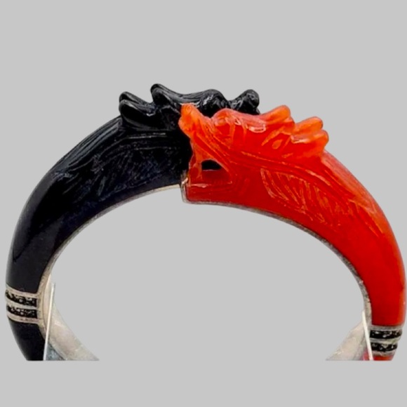 Chinese Dragon Carnelian Onyx Silver Bangle - Picture 10 of 15
